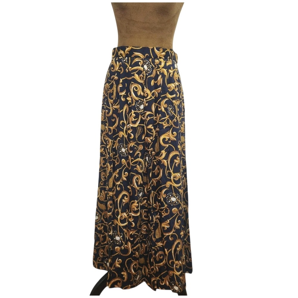 Vintage 80s Baroque Skirt Pleated Scroll Print Navy Gold 28" Waist JH Collectibl